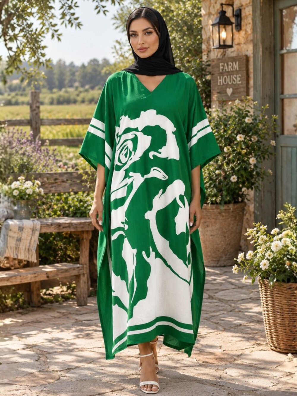 Gypsie Blu Women Plus Size Fit & Flare Floral Green Kaftan Maxi Dress Mother Day